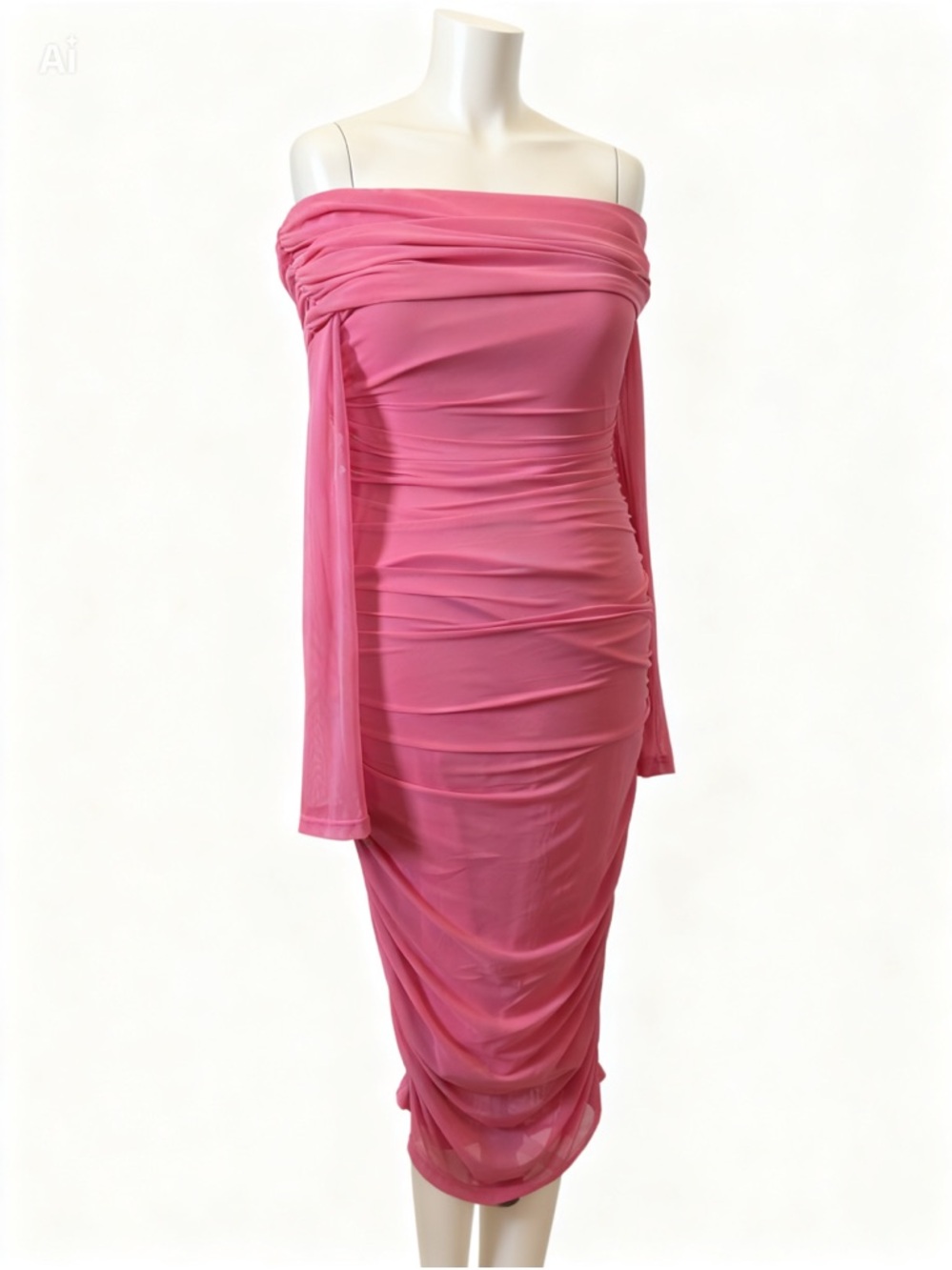 Off-Shoulder Ruched Pink Midi Dress